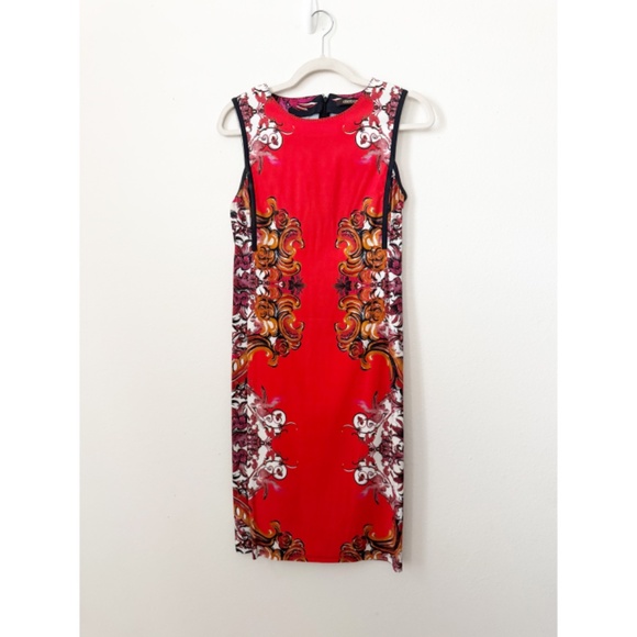 Vintage ROBERTO CAVALLI Filigree-Print Sheath Midi Dress Red 4 - Picture 3 of 5
